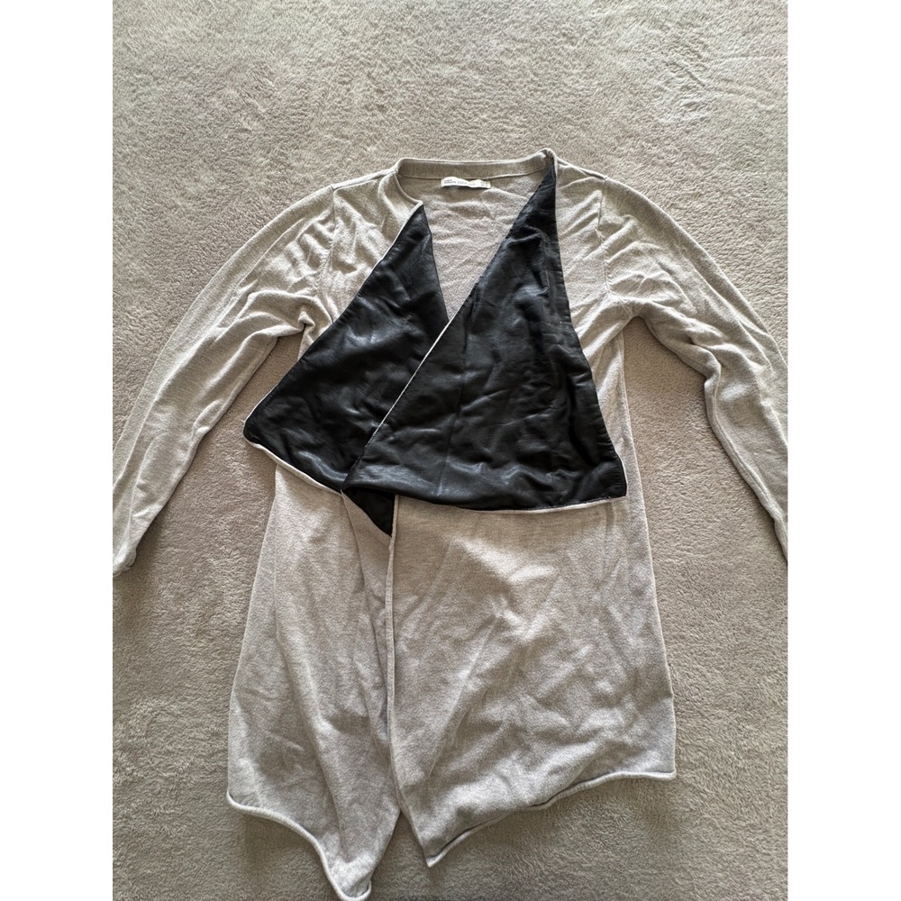 ZARA KNIT Women's Asymmetrical Cardigan Faux Leather Trim Light Gray Size S